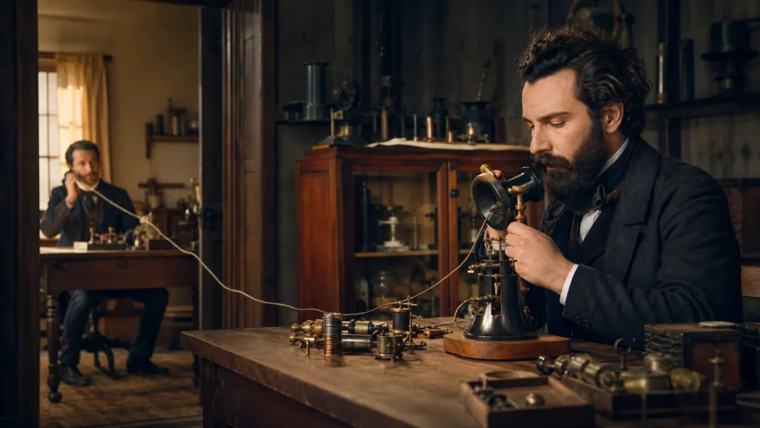 Alexander Graham Bell testing an early box telephone with an assistant