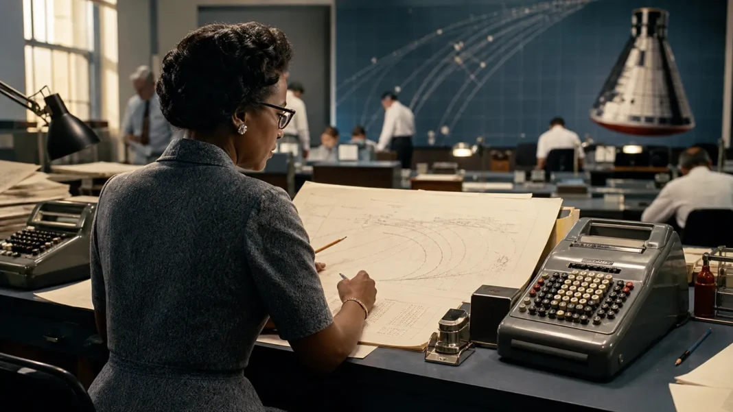 A Black woman mathematician studying orbital trajectory charts in a 1960s NASA workspace