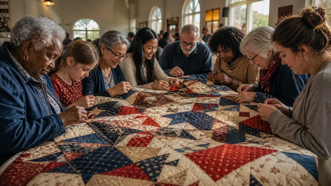 American quilters working together around a colorful handmade quilt