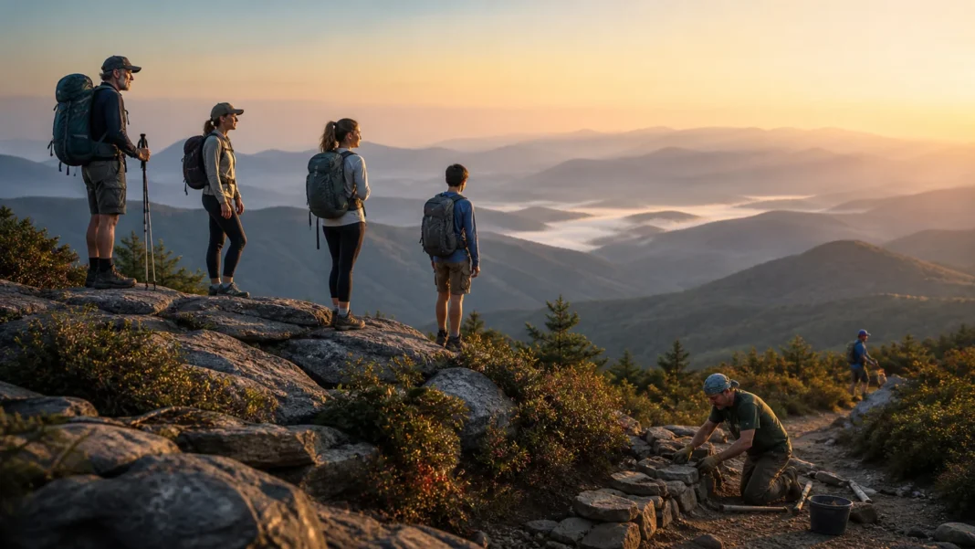 Volunteer trail crews maintaining the Appalachian Trail through green mountains