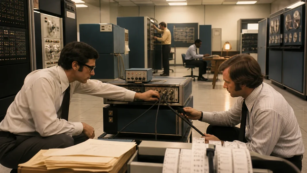 Researchers connecting four early ARPANET computer nodes across the United States