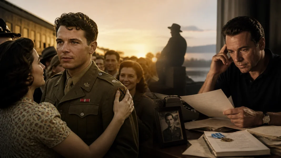 Young Audie Murphy returning home from World War II and reflecting on veterans experience