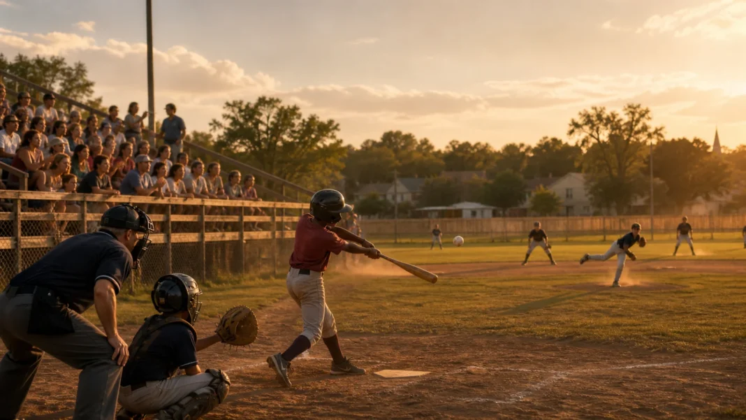 A community baseball game under lights with American families in the stands