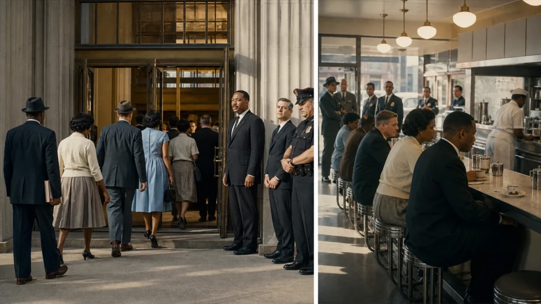 A diverse group of Americans witnessing the signing of landmark civil rights legislation