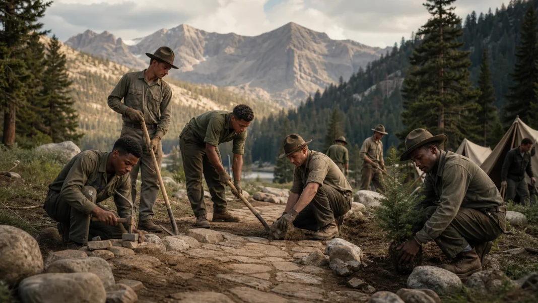 Civilian Conservation Corps crews building a stone trail in an American national park