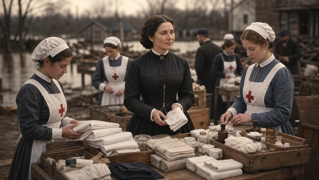 Clara Barton coordinating nurses and medical supplies during nineteenth-century flood relief