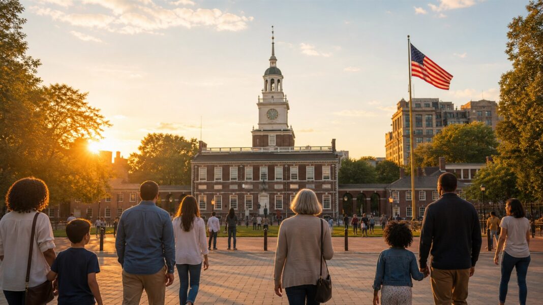 Independence Hall at sunrise with Americans gathered beneath the United States flag