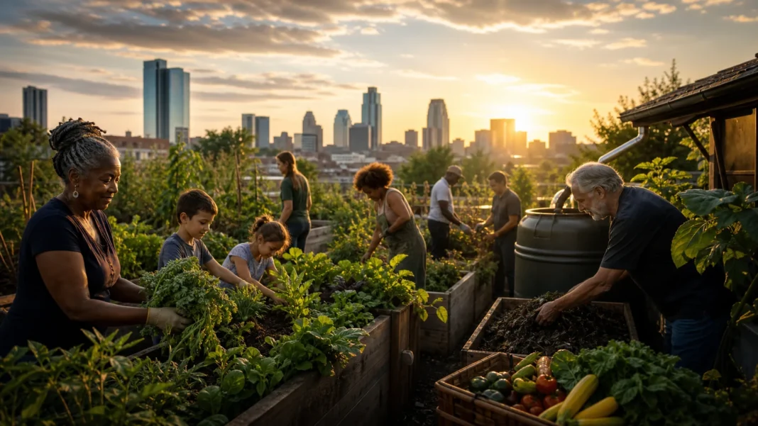 Neighbors of several generations tending a thriving American community garden