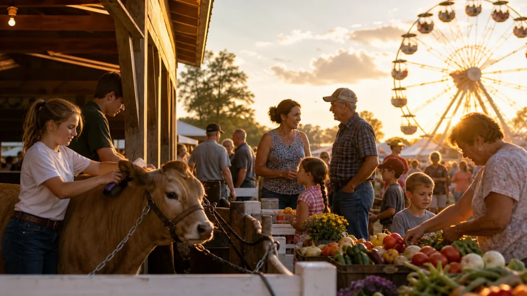 Families enjoying livestock, crafts and a Ferris wheel at an American county fair