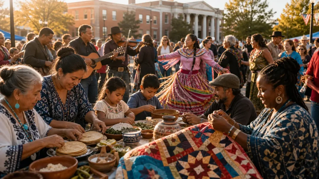 Families sharing food, music, dance, and quilting at an American neighborhood cultural festival