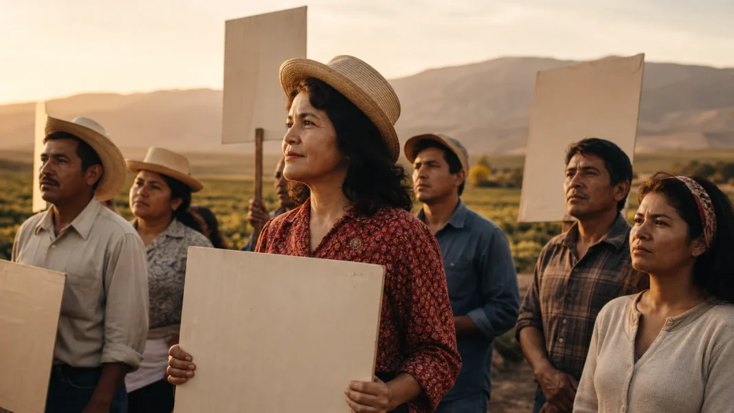 Dolores Huerta standing with farmworkers in California farmland at golden hour