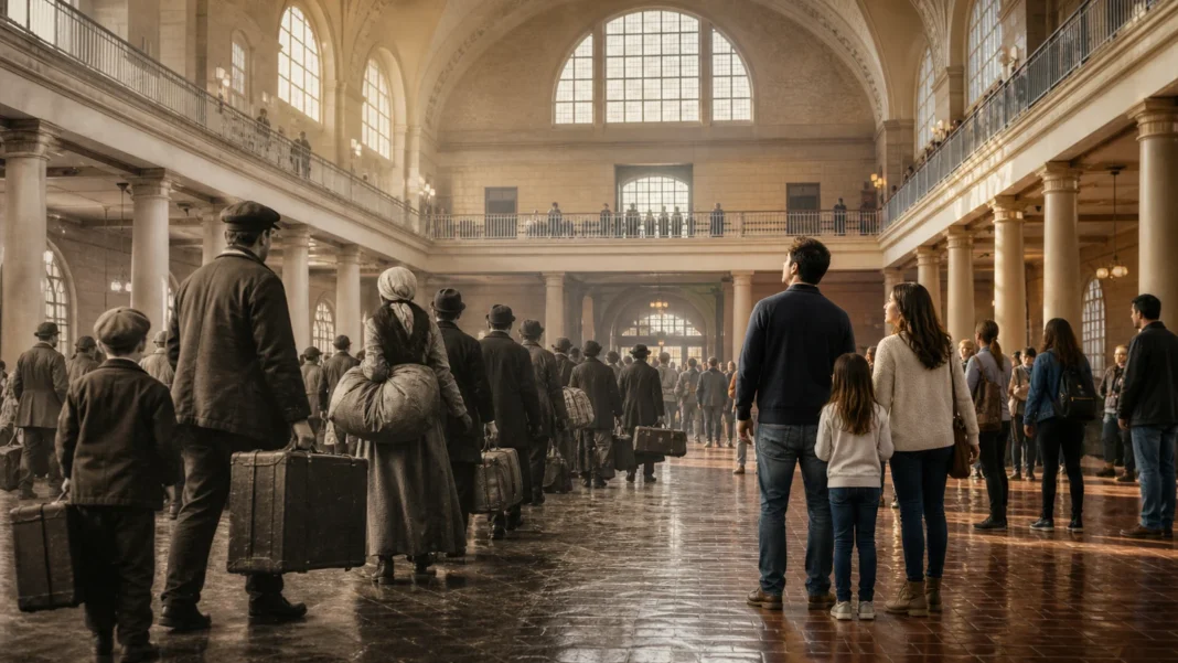 Immigrant families entering the restored Registry Room at Ellis Island