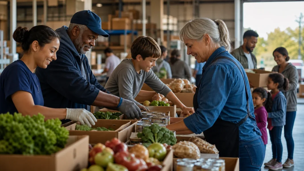 Volunteers sorting fresh food at a bright American community food bank