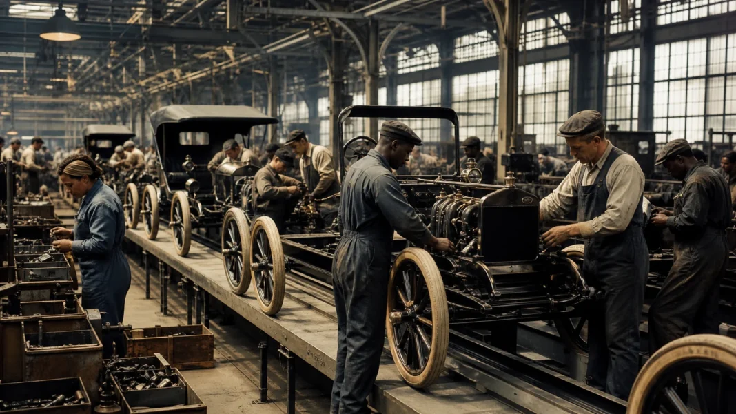 Workers building Model T automobiles on Ford's moving assembly line