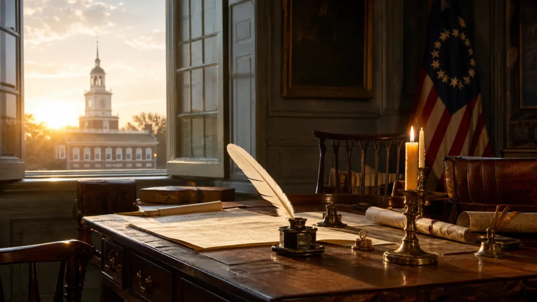 An eighteenth-century writing desk with parchment and quill overlooking Independence Hall at sunrise