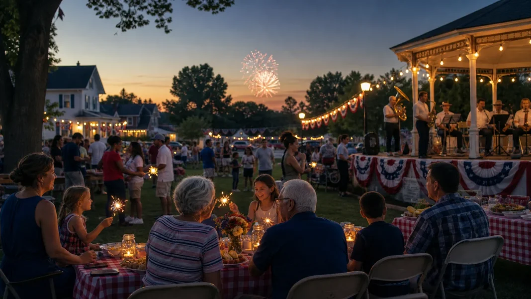 American families watching a community Fourth of July parade and fireworks