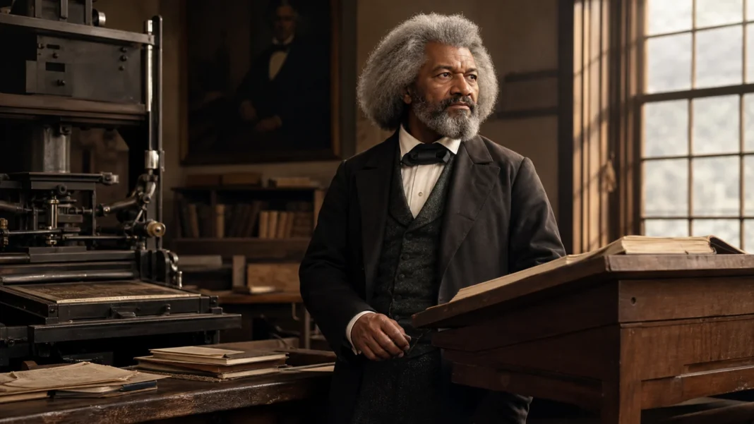 Frederick Douglass beside a printing press and lectern in a nineteenth-century study