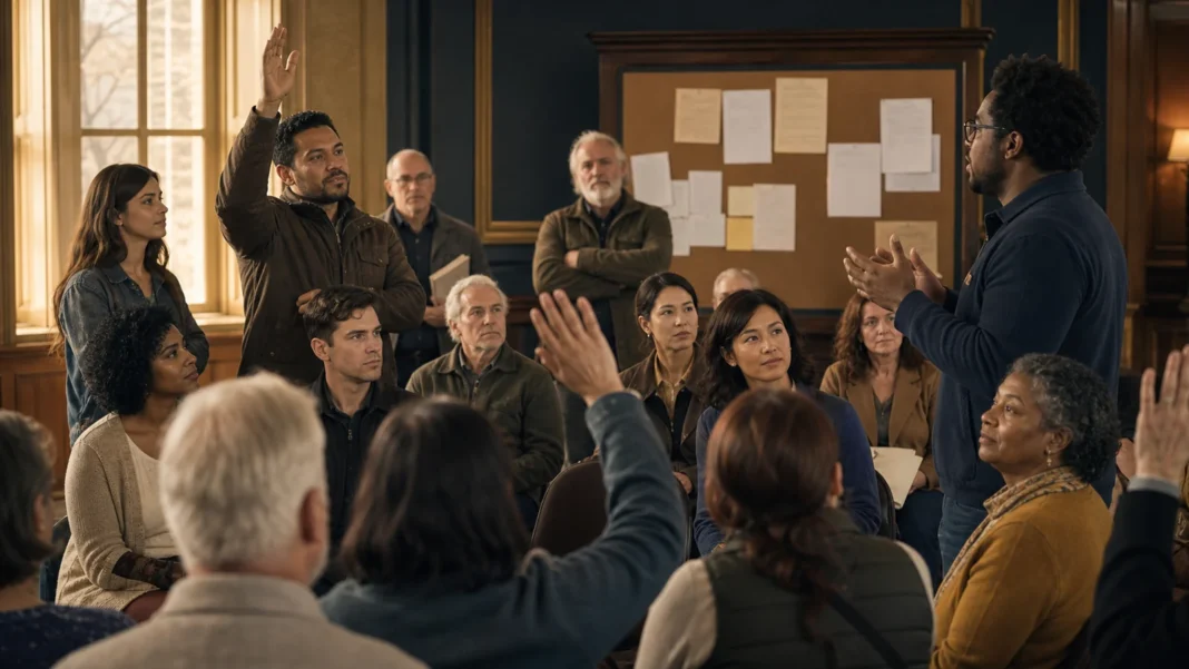 Americans speaking and listening respectfully at a town hall