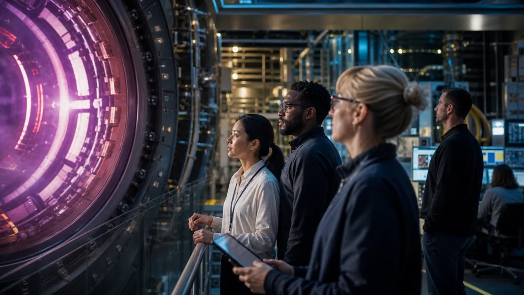 American scientists monitoring a bright fusion plasma inside a research facility