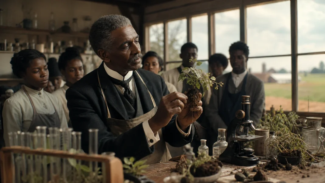 George Washington Carver teaching students with plants and soil samples in an agricultural laboratory