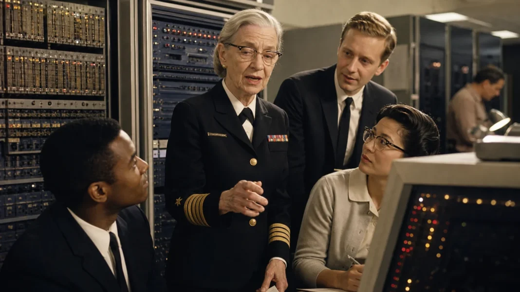 Grace Hopper collaborating with programmers beside an early mainframe computer