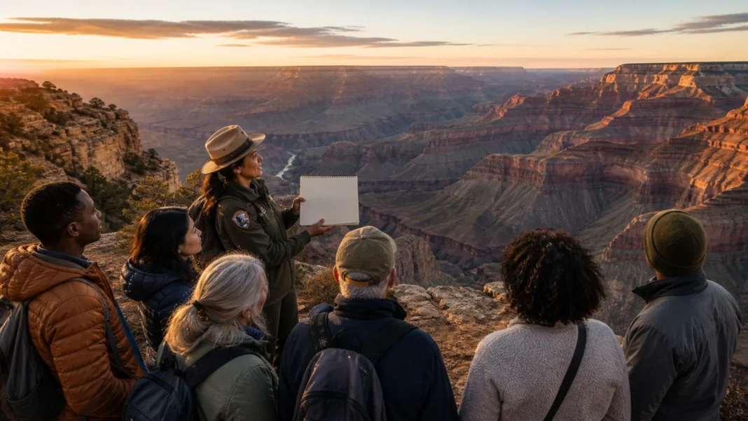 Sunlight revealing layered rock and the Colorado River in the Grand Canyon