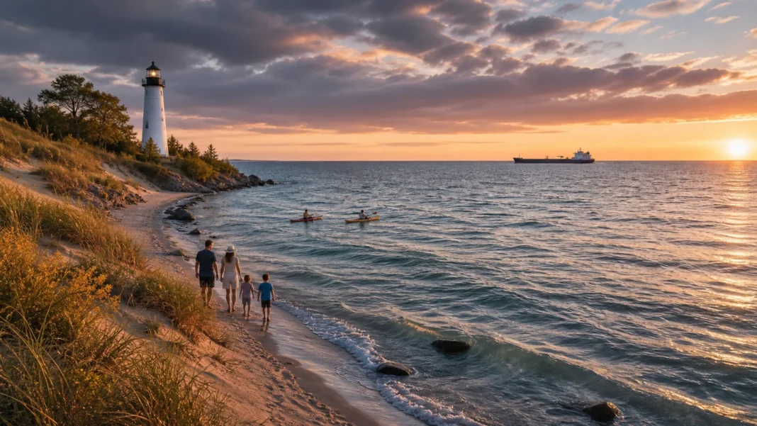 A freighter, lighthouse, city and beach across the vast blue Great Lakes