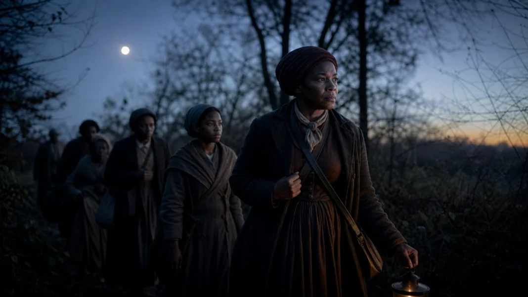 Harriet Tubman guiding freedom seekers through a Maryland woodland before dawn