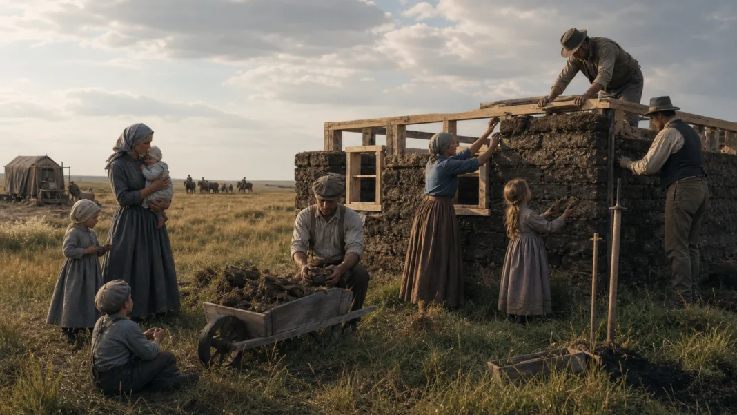 An American homestead family standing beside a house and cultivated prairie