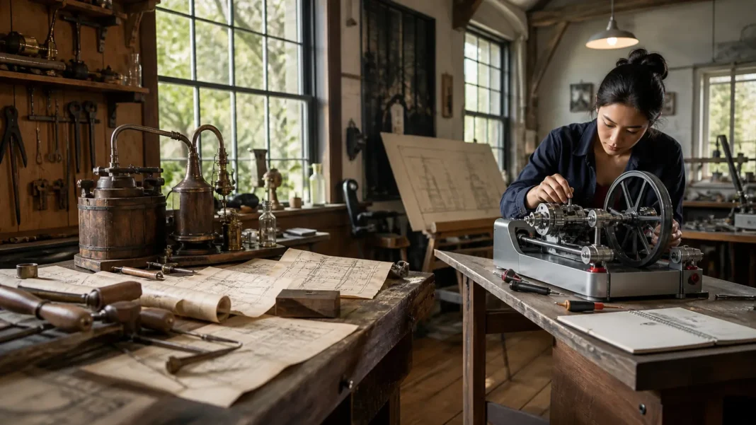 A modern inventor working beside historical tools, patent drawings, and an early American workshop apparatus