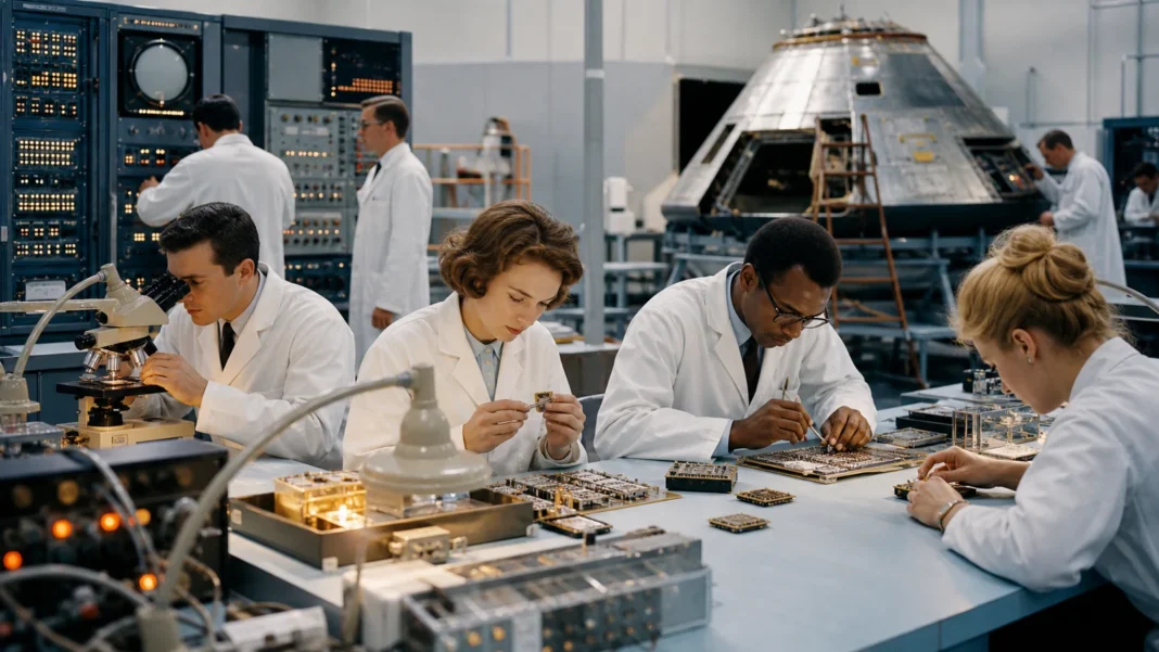 An Apollo guidance computer and early integrated circuits beside a lunar spacecraft