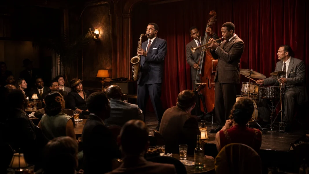 An American jazz ensemble improvising together in a warm club