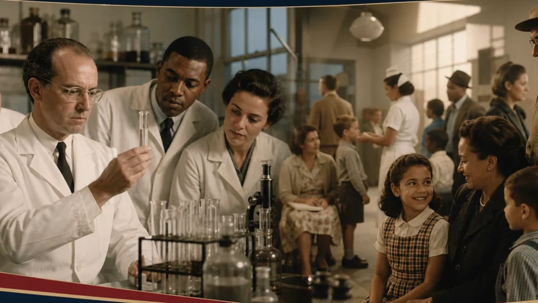 Jonas Salk and a laboratory team developing the polio vaccine with families waiting hopefully