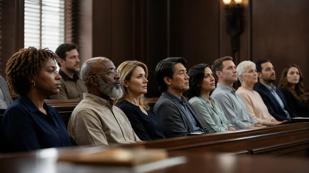 A diverse American jury listening carefully in a courtroom