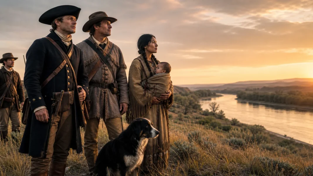 The Corps of Discovery traveling a western river with Native guides and interpreters