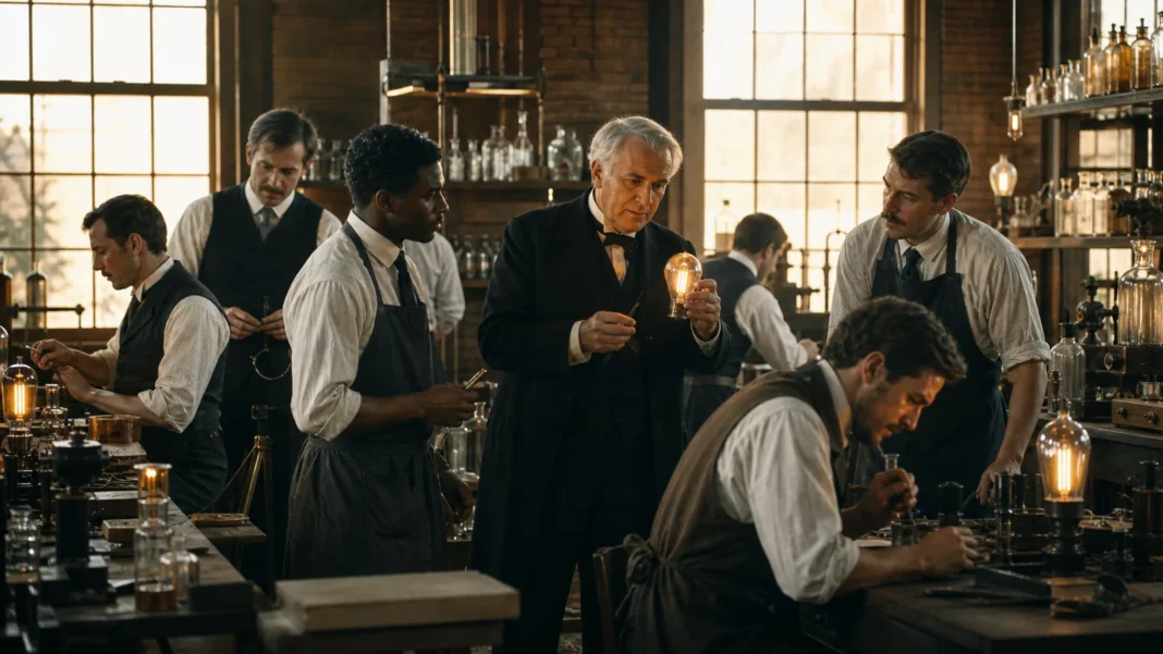 Thomas Edison and a diverse laboratory team experimenting at Menlo Park