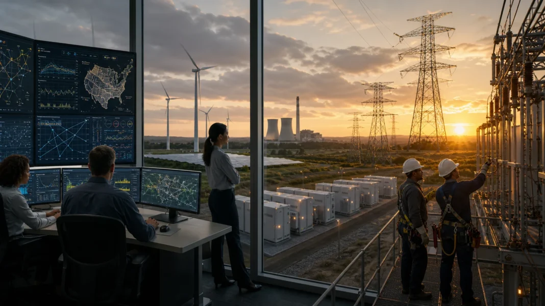 A modern American electric grid connecting cities, rural areas, renewable generation and storage
