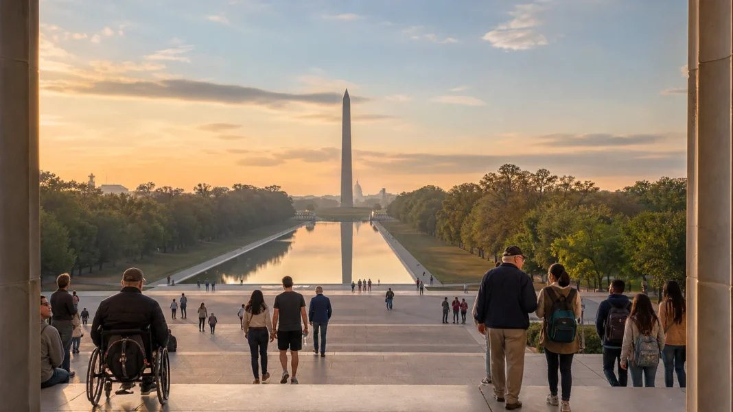 Americans gathering peacefully across the National Mall in Washington DC