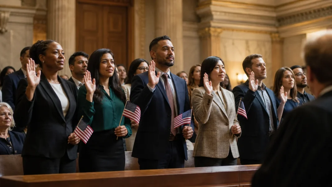 New American citizens raising their right hands at a naturalization ceremony