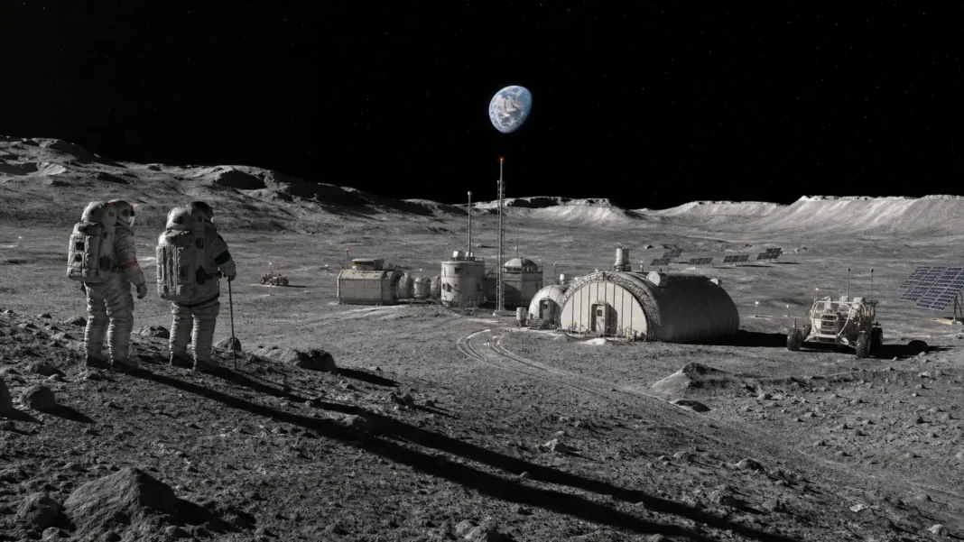 Two astronauts overlooking a realistic lunar research outpost with Earth above the Moon's horizon