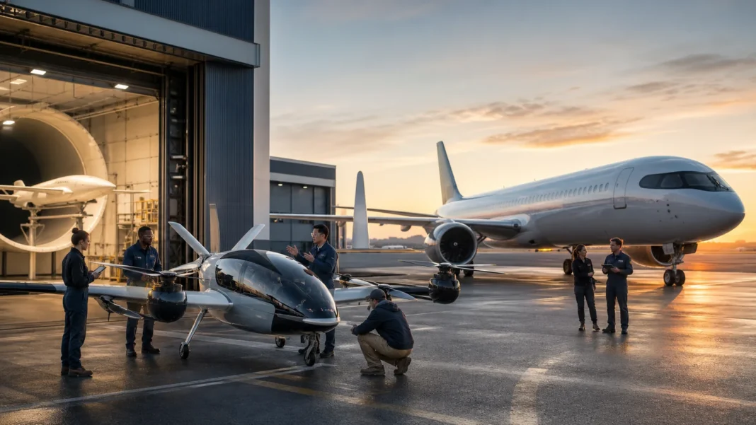 A next-generation American passenger aircraft with an efficient long wing flying above a modern airport