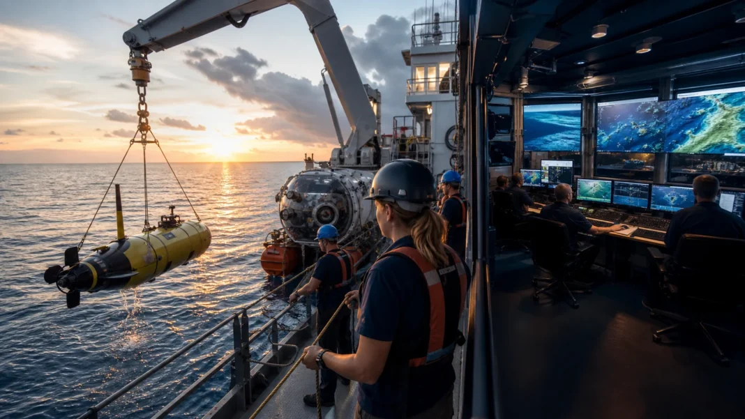 American ocean explorers mapping the deep sea with a ship and underwater robot