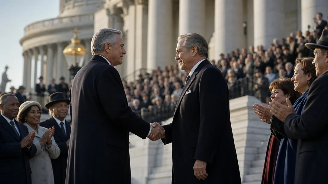 An outgoing and incoming American leader greeting at a peaceful inauguration