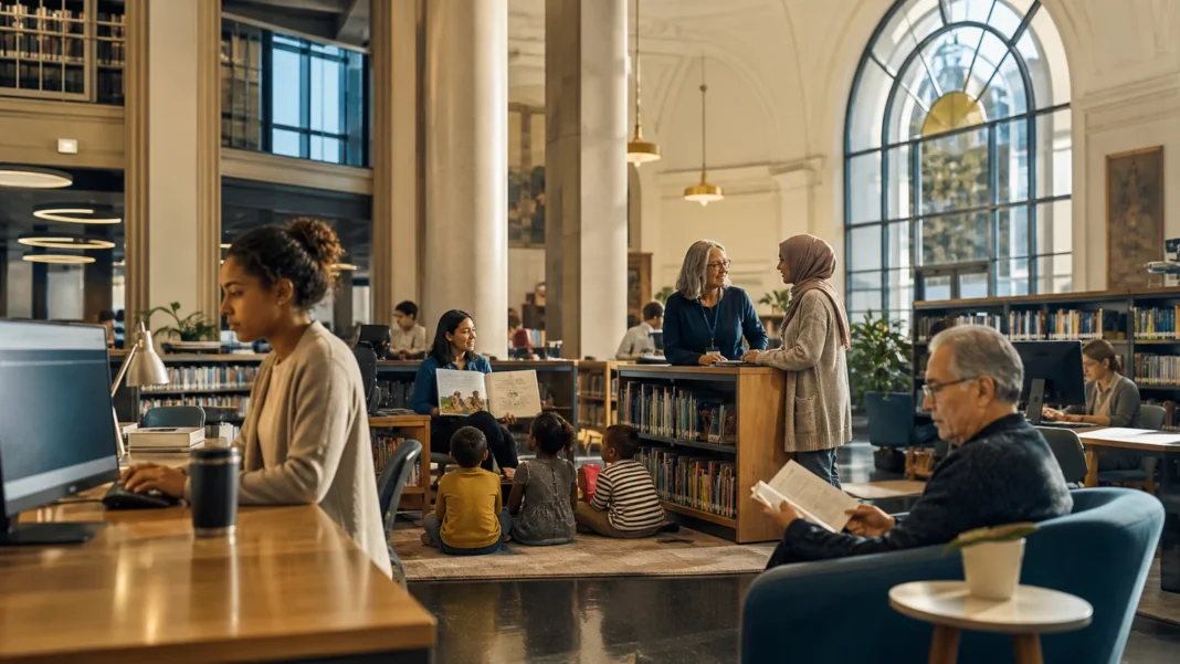 Neighbors of all ages learning and meeting inside a welcoming American public library