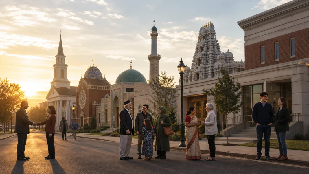 Neighbors from different faiths and beliefs meeting peacefully on an American street