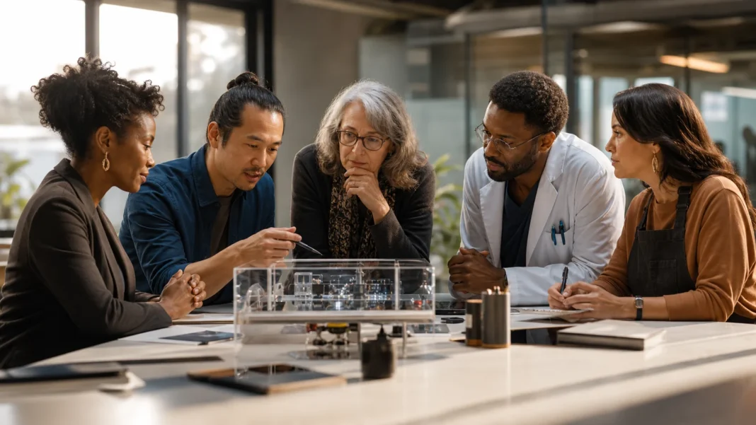 Americans reviewing an artificial intelligence system with transparent safeguards