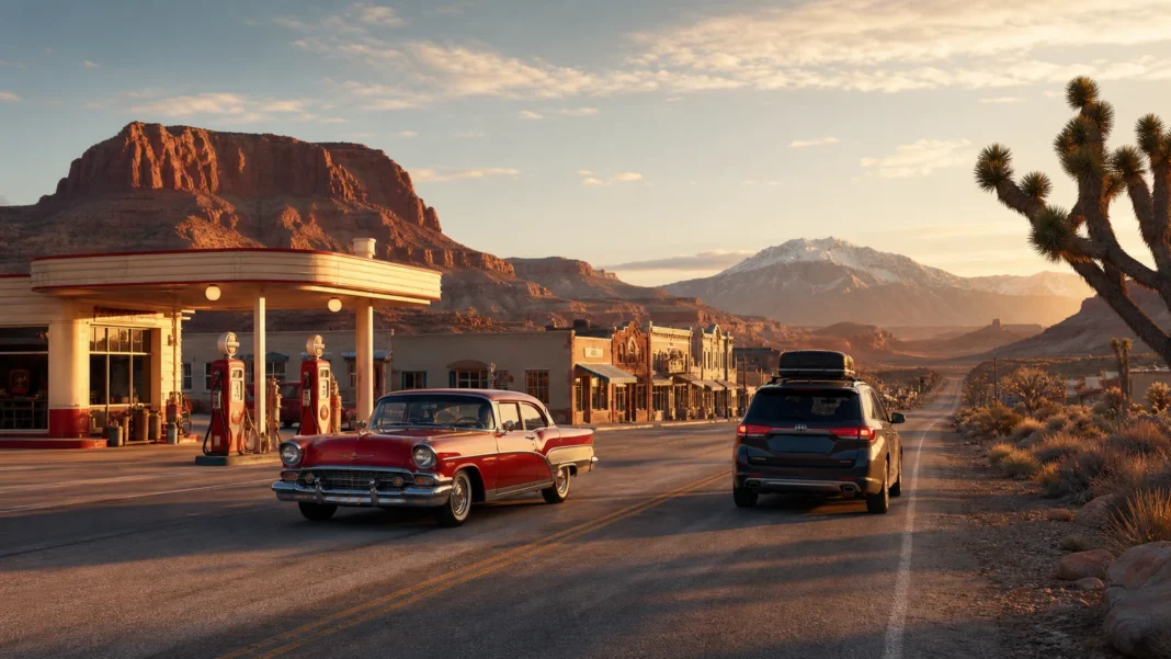 A classic American car passing diners and neon signs along historic Route 66