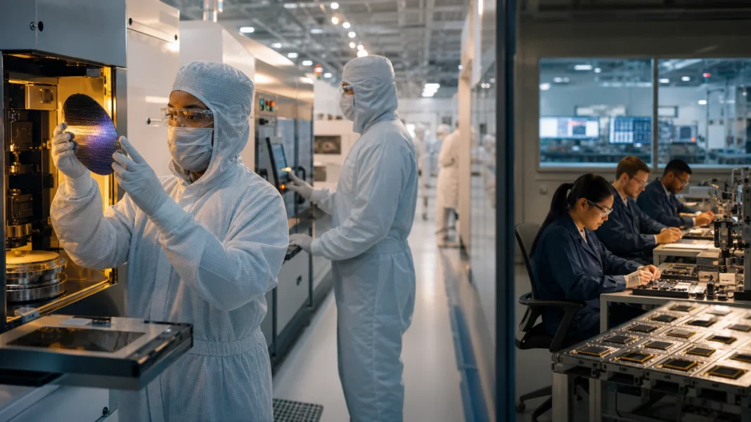 American semiconductor technicians inspecting wafers inside an advanced fabrication plant