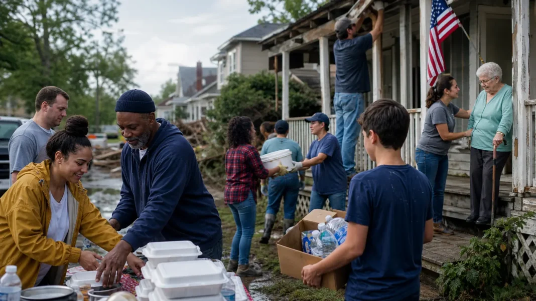 Neighbors of different ages volunteering together to repair homes and deliver supplies after a storm
