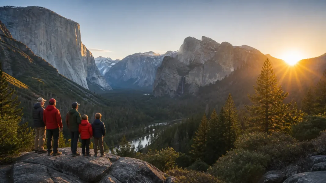 A multigenerational family overlooking an American granite valley and pine forest at sunrise